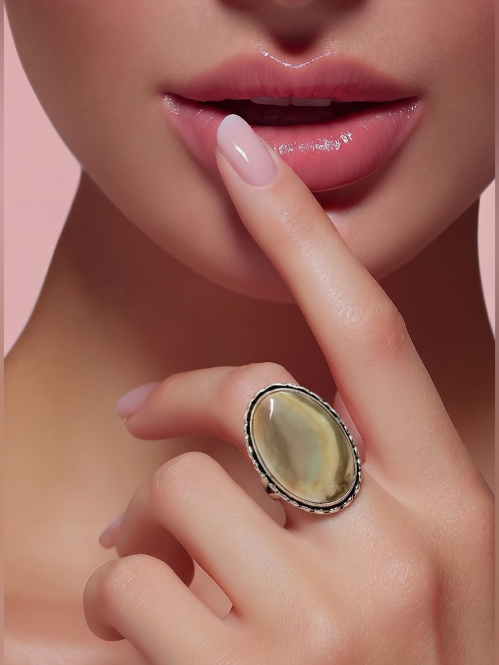 Polychrome Jasper Oval Stone Statement Ring Silver plated SW‎ Boho Tan Cream 8.5